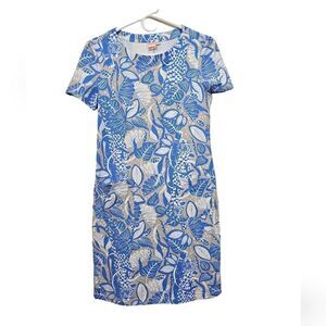 Persifor Winpenny Blue Tropical Leaf Cheetah Print Aline Dress Size Small‎